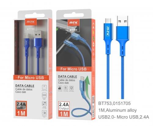 Cable alu micro usb 1m 2a bleu 803154b