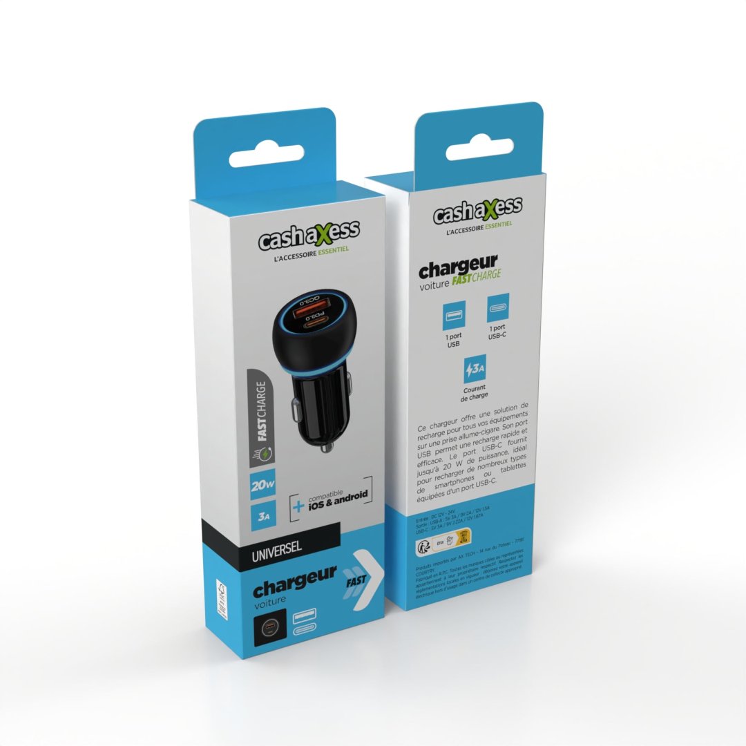 Chargeur voiture 20w-usbc+usba