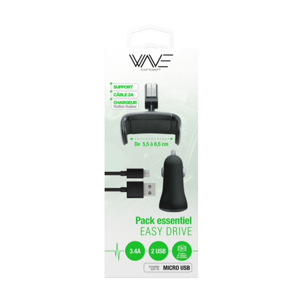 Pack chargeur voiture micro usb support + cable + chargeur voiture 3,4a