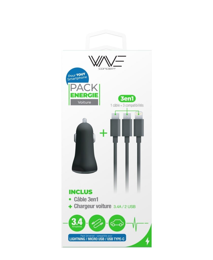 Pack chargeur voiture allume cigare 3,4a + cable 3 en 1