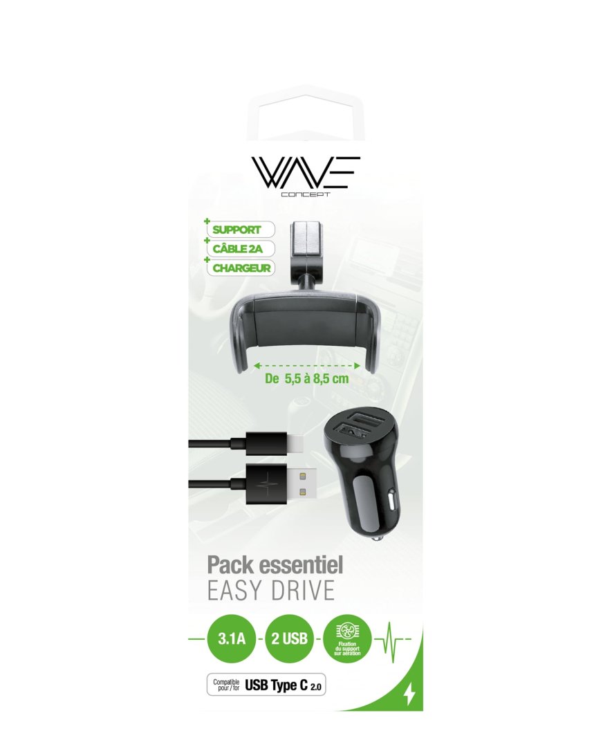Pack chargeur voiture usbc support + cable + chargeur