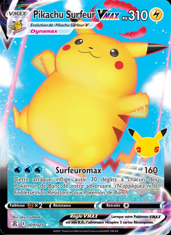 Carte pokemon pikachu surfeur vmax cel 9/25 holo