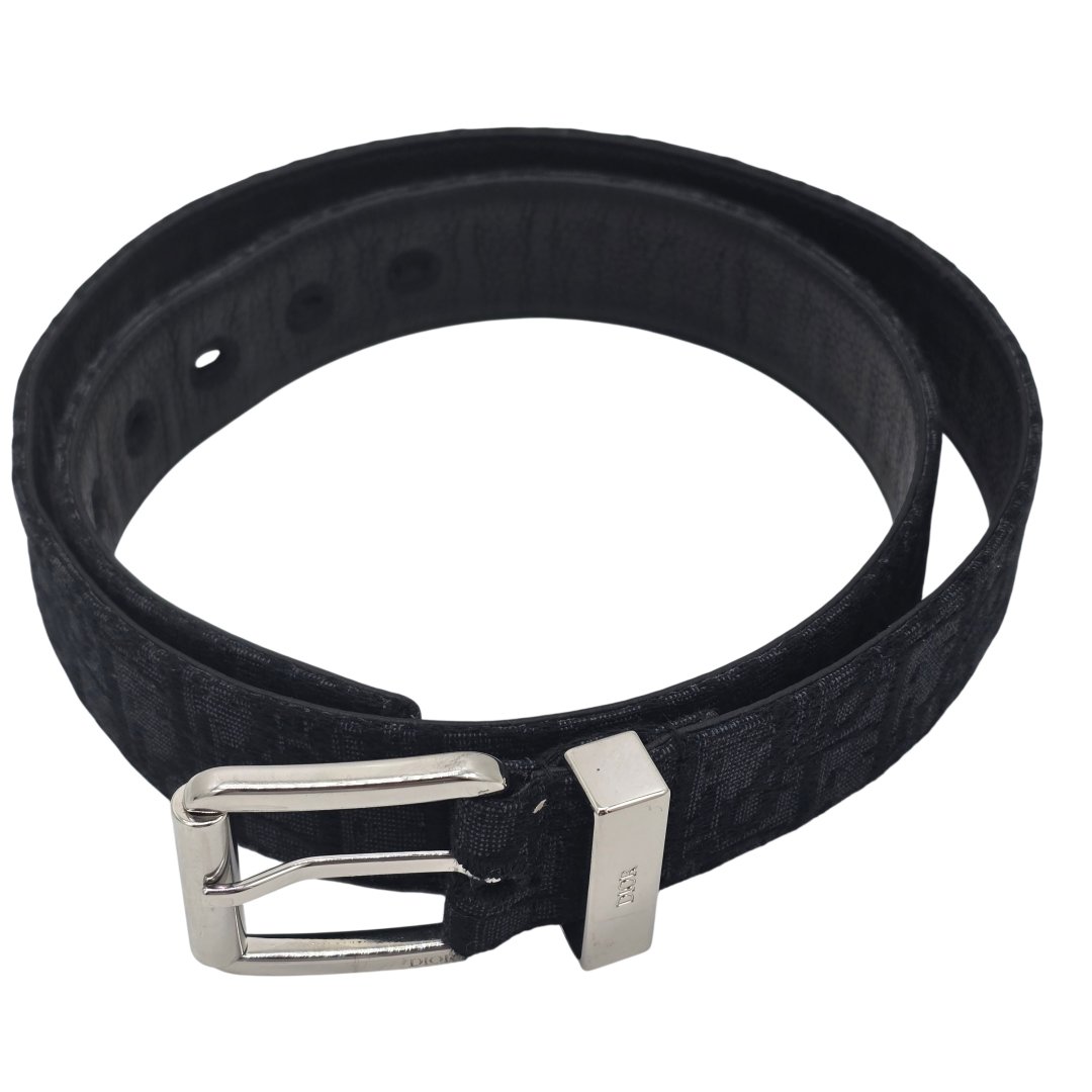 Ceinture toile jacquard oblique cuir de veau graine noir