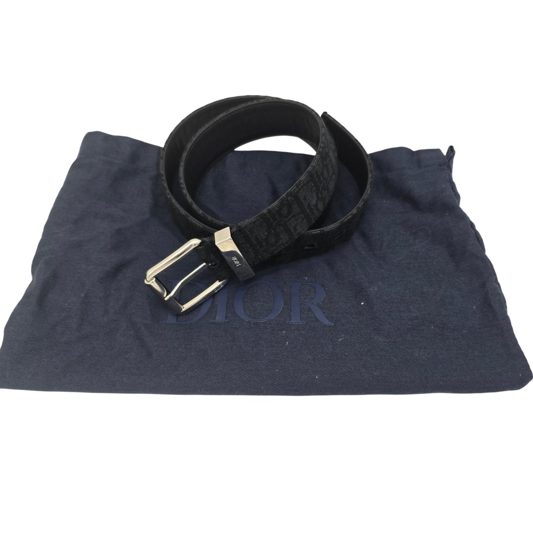 Ceinture toile jacquard oblique cuir de veau graine noir