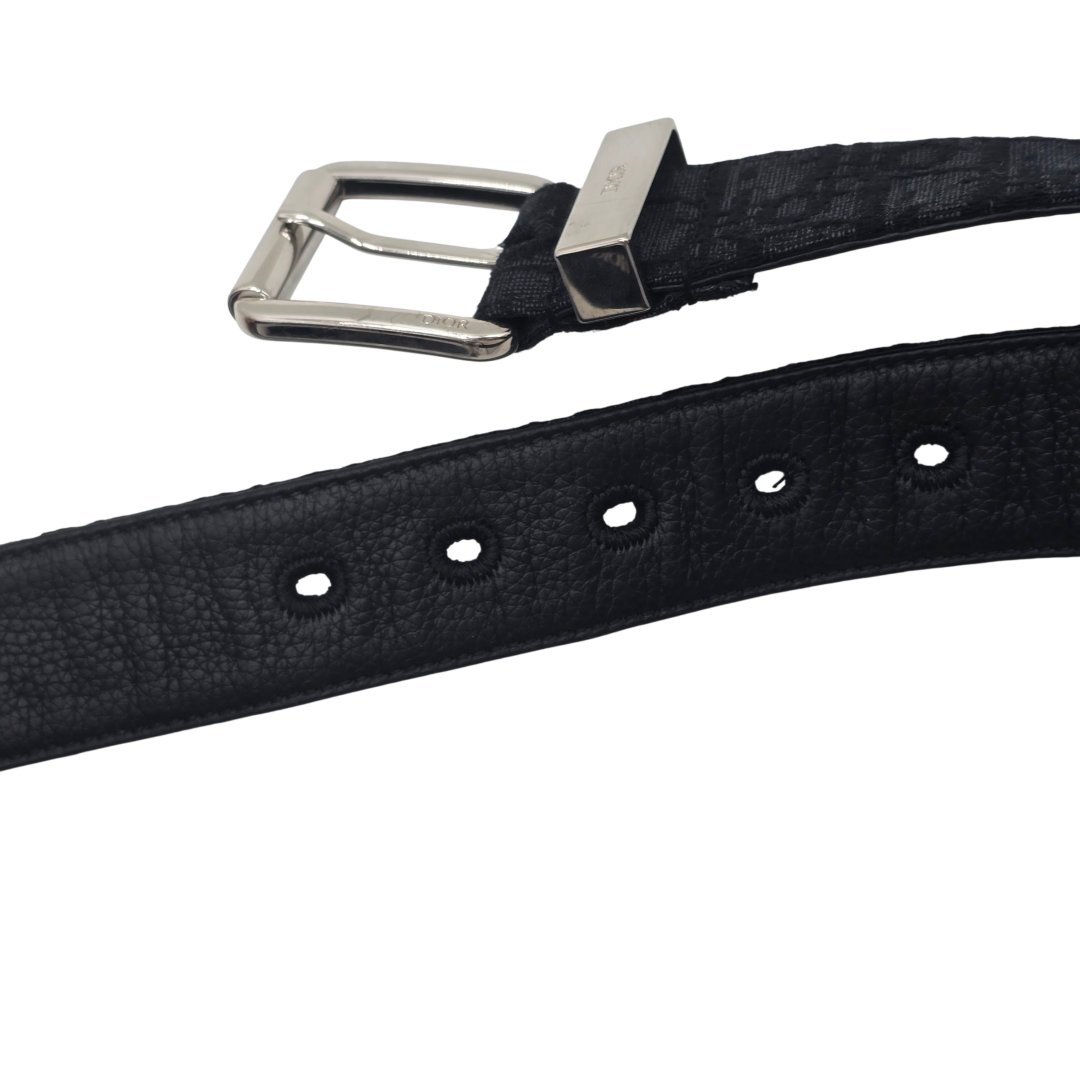 Ceinture toile jacquard oblique cuir de veau graine noir