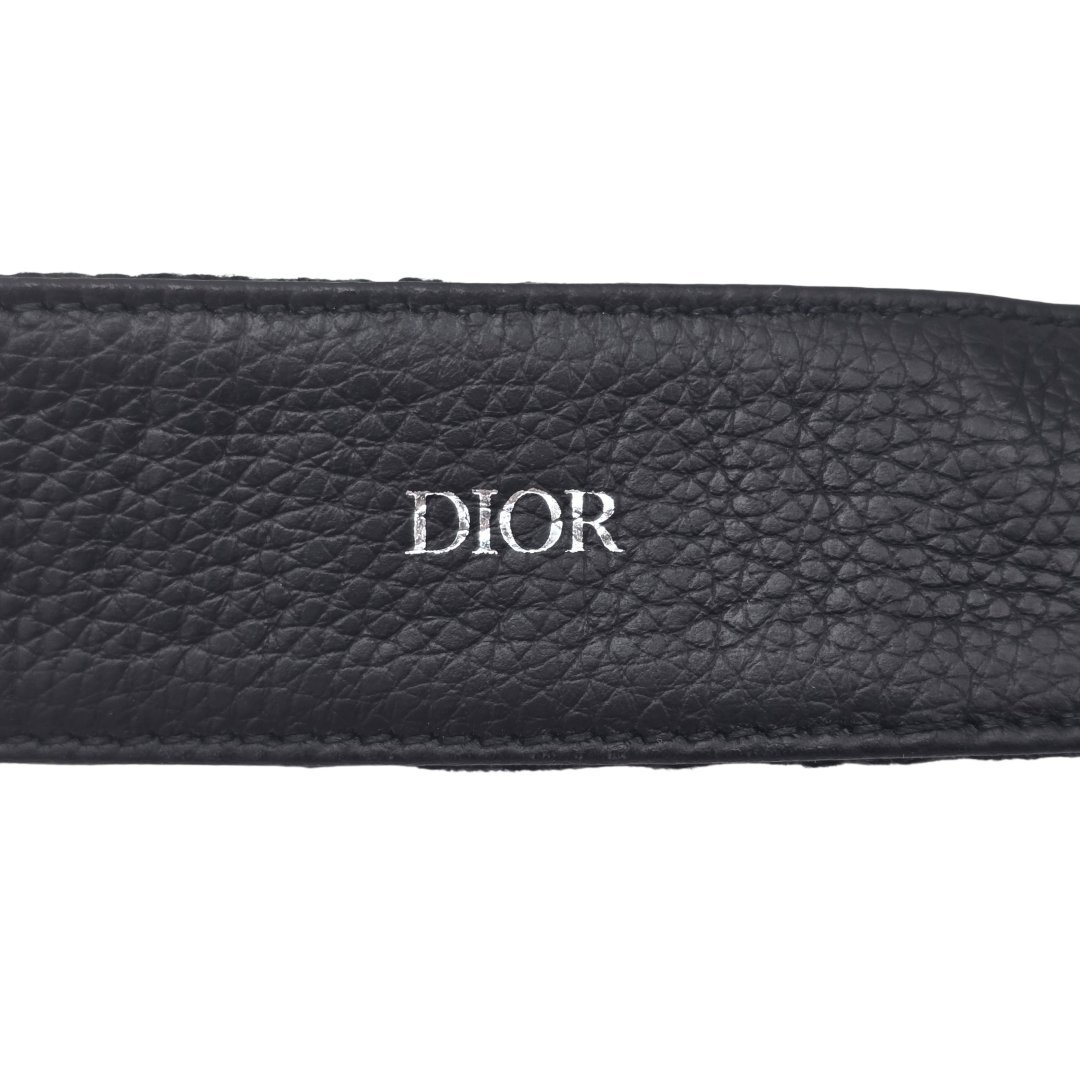 Ceinture toile jacquard oblique cuir de veau graine noir