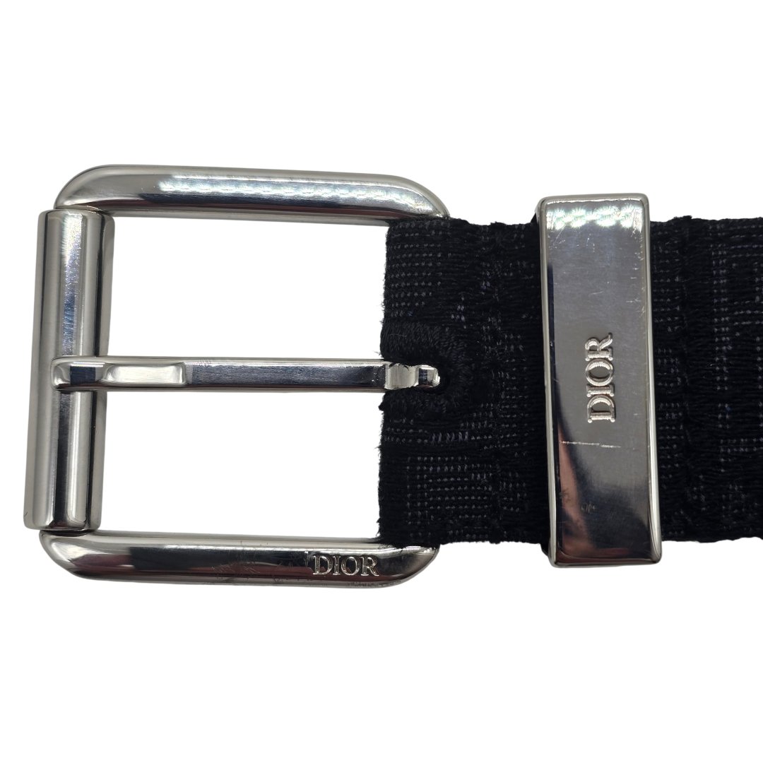 Ceinture toile jacquard oblique cuir de veau graine noir