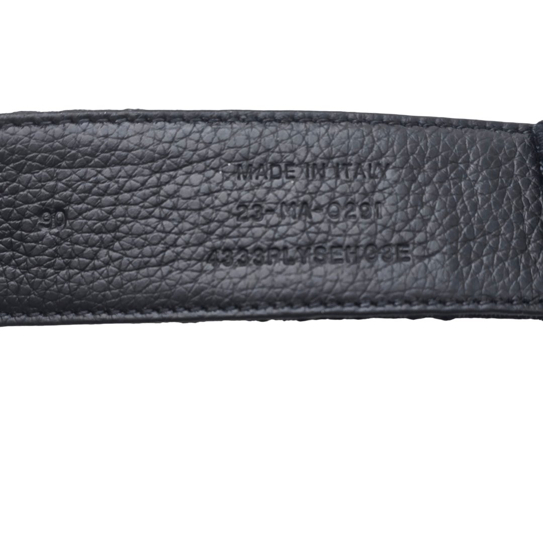 Ceinture toile jacquard oblique cuir de veau graine noir