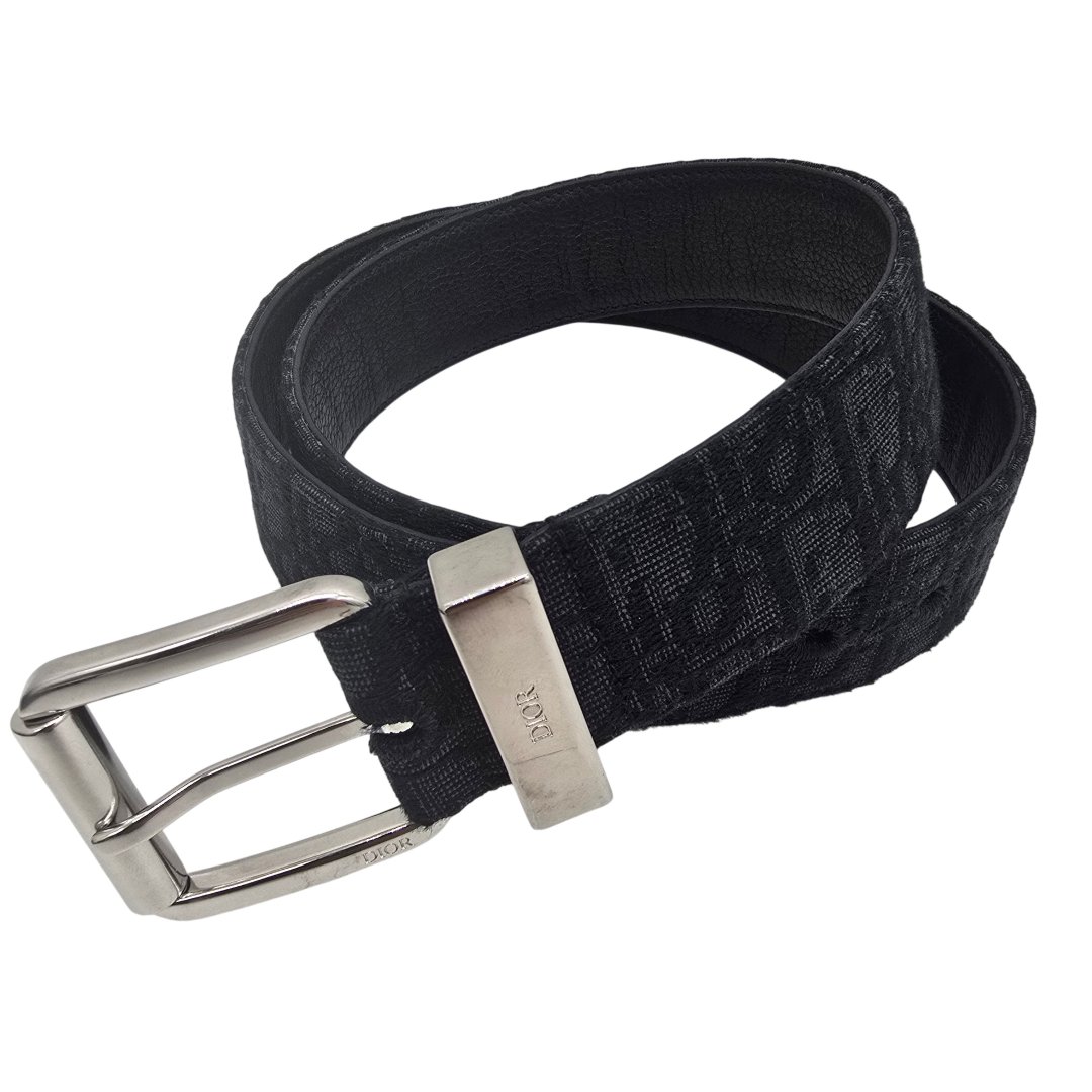 Ceinture toile jacquard oblique cuir de veau graine noir
