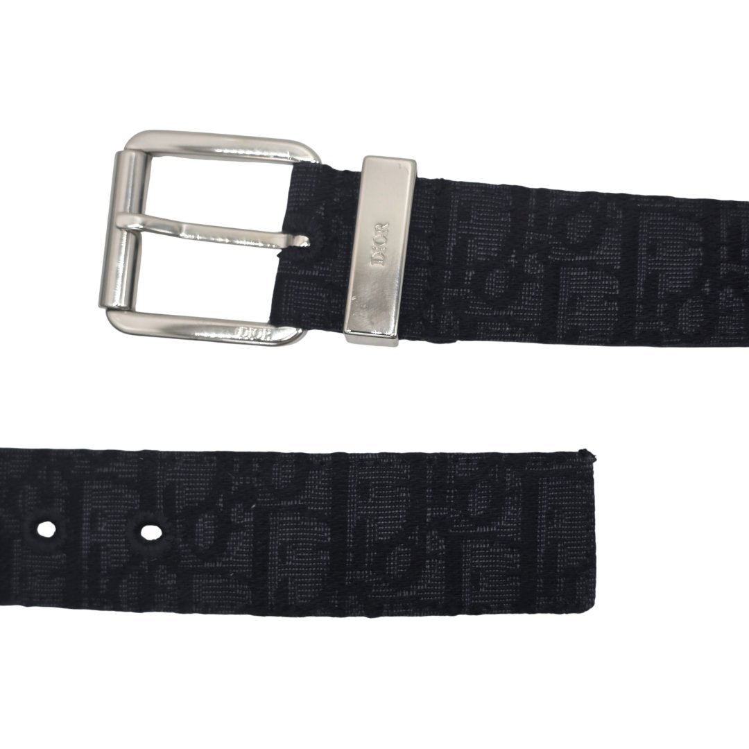 Ceinture toile jacquard oblique cuir de veau graine noir