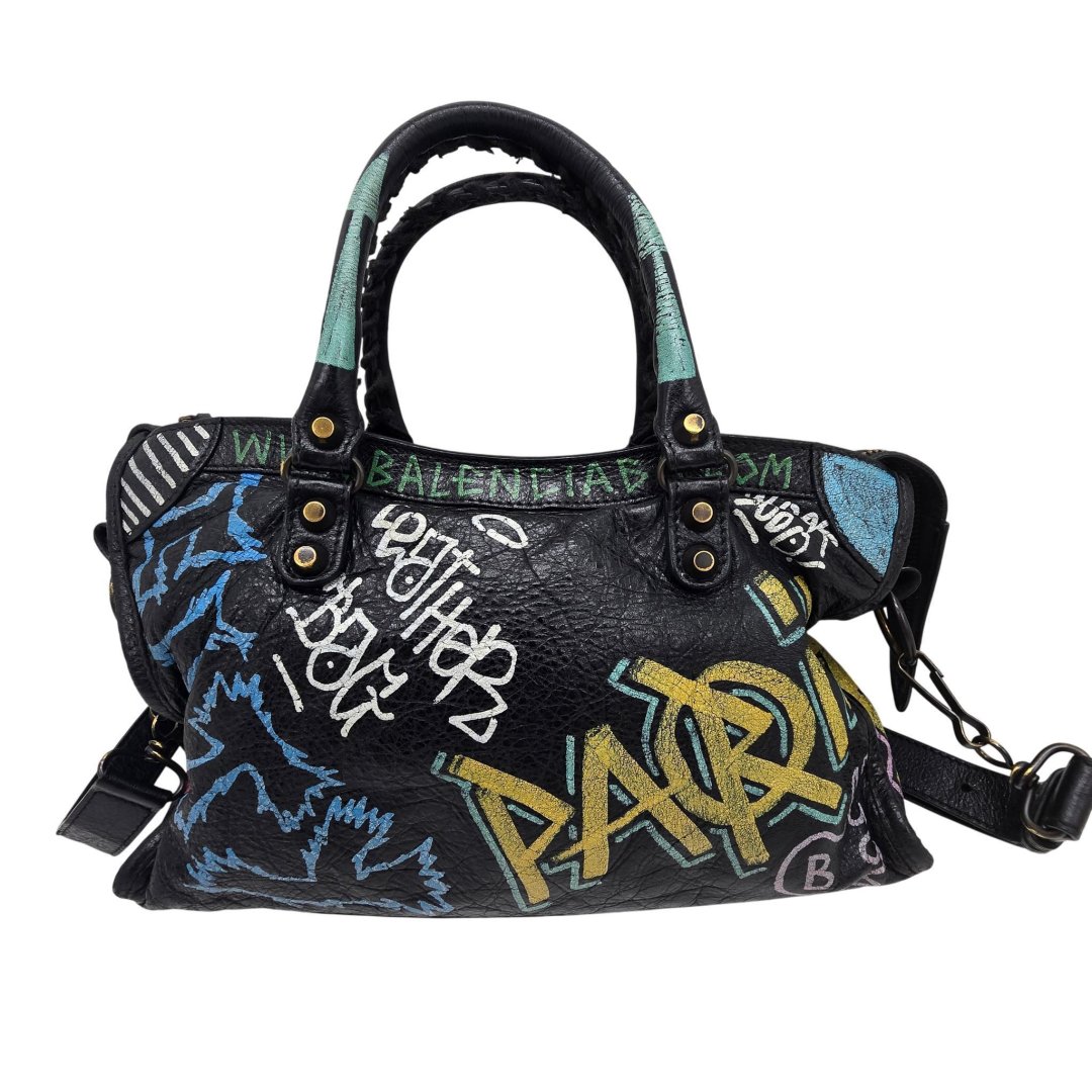Sac city graffiti cuir veau noir avec bandouliere