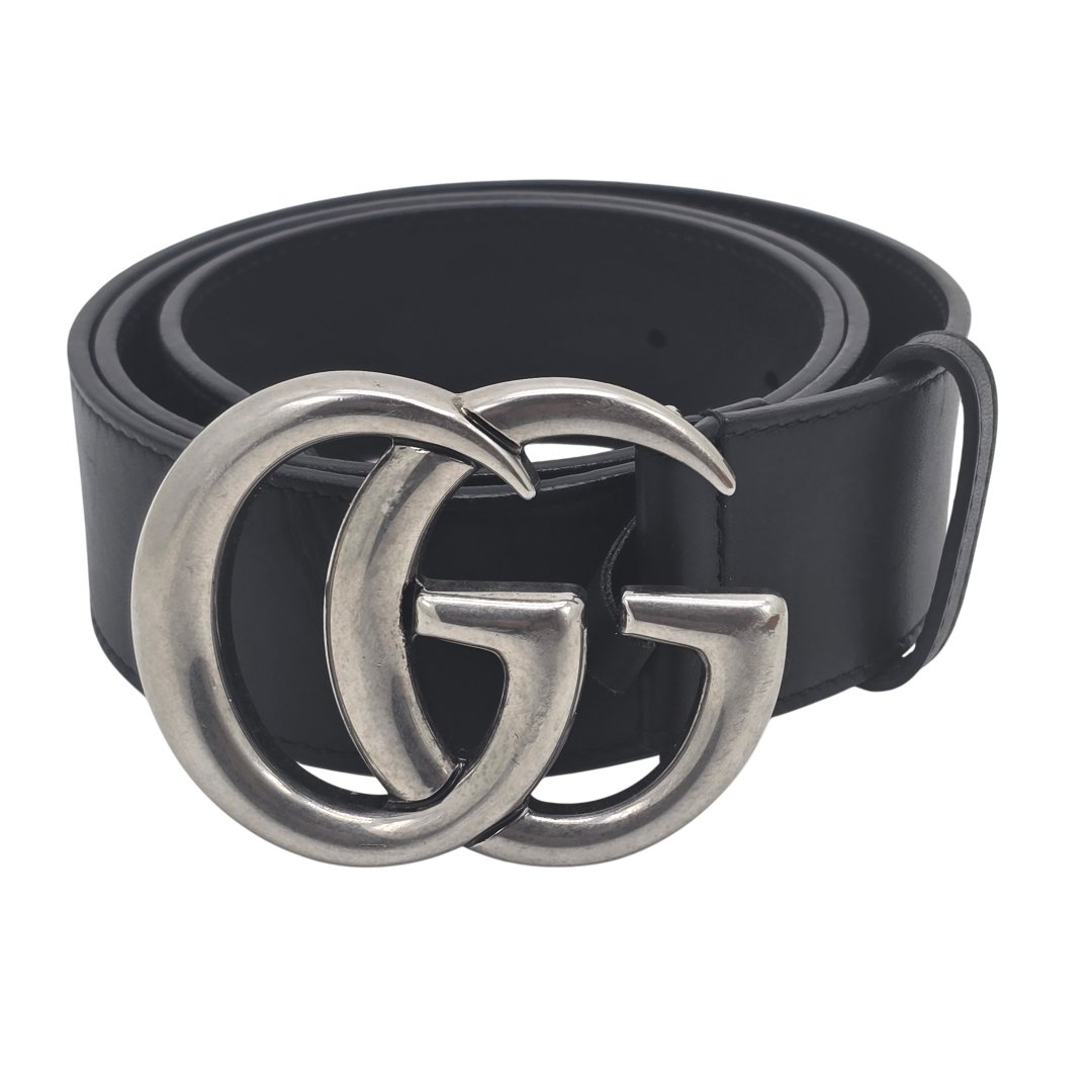 Ceinture double g cuir noir - acier vieilli