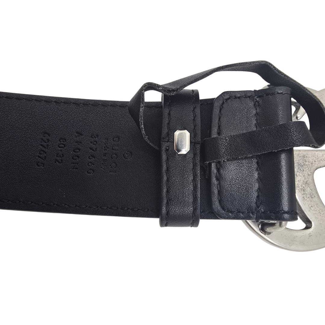 Ceinture double g cuir noir - acier vieilli