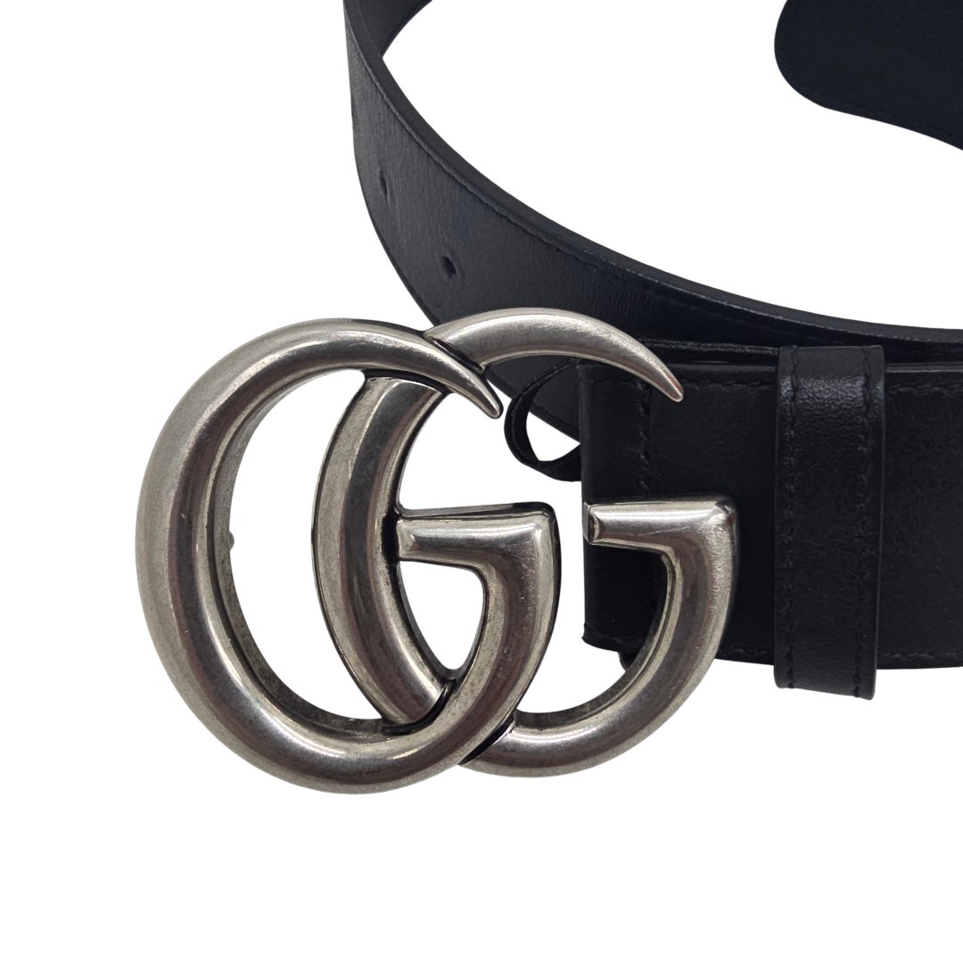 Ceinture double g cuir noir - acier vieilli