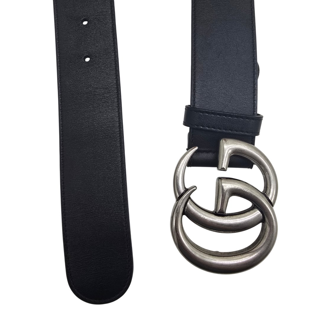 Ceinture double g cuir noir - acier vieilli