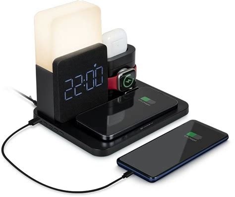 Accessoire telephone base de charge induction connected 5 en 1 noir + reveil + lampe